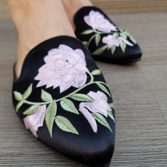 Embroider Flower on Black Satin Mule Loafer-D - Picture 3 of 8